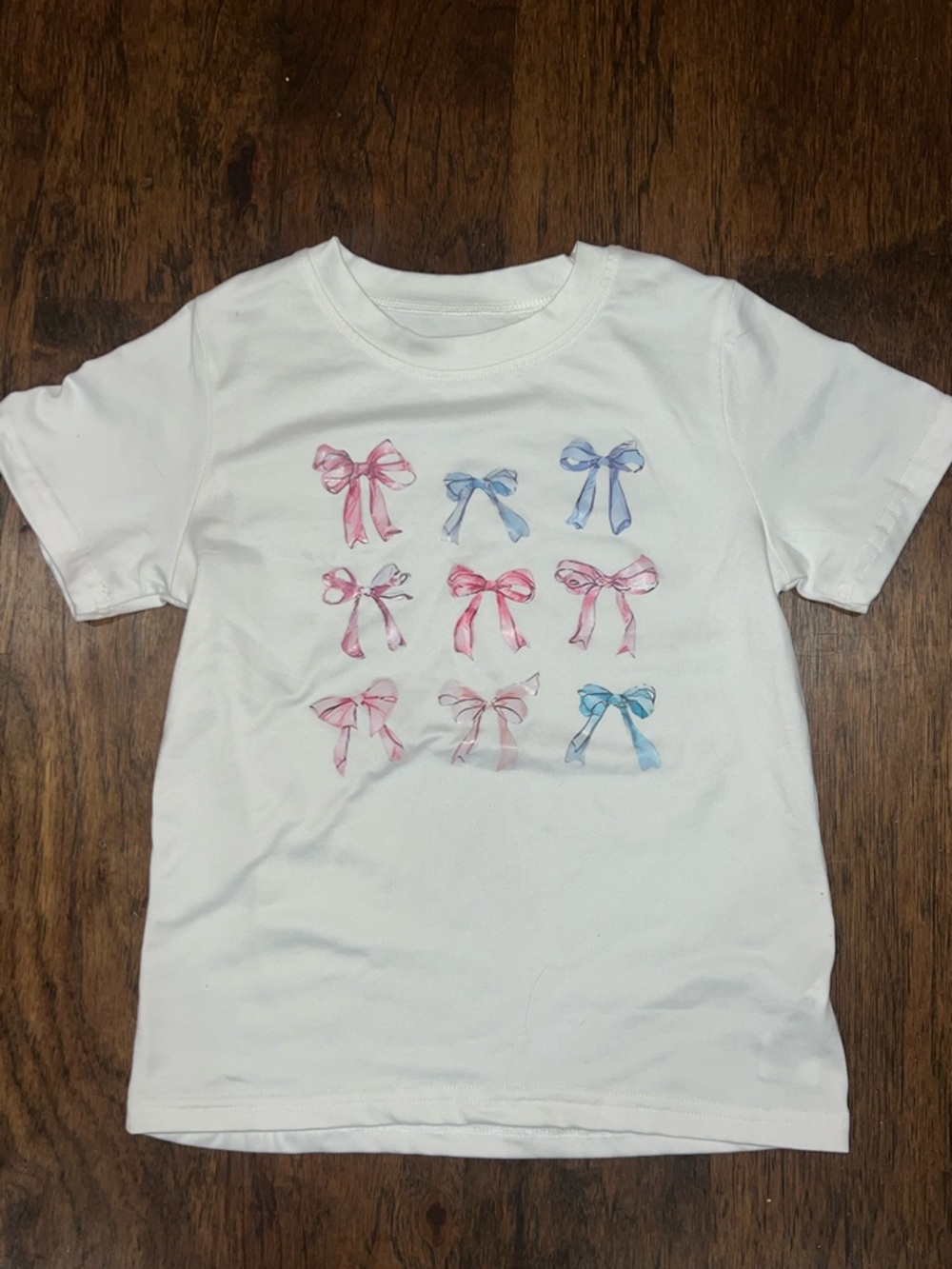 Girls' White Tee with Pink & Blue Ribbon Prints